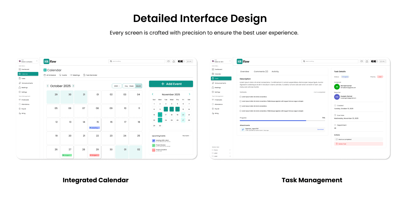 HR Flow calendar and task management interface