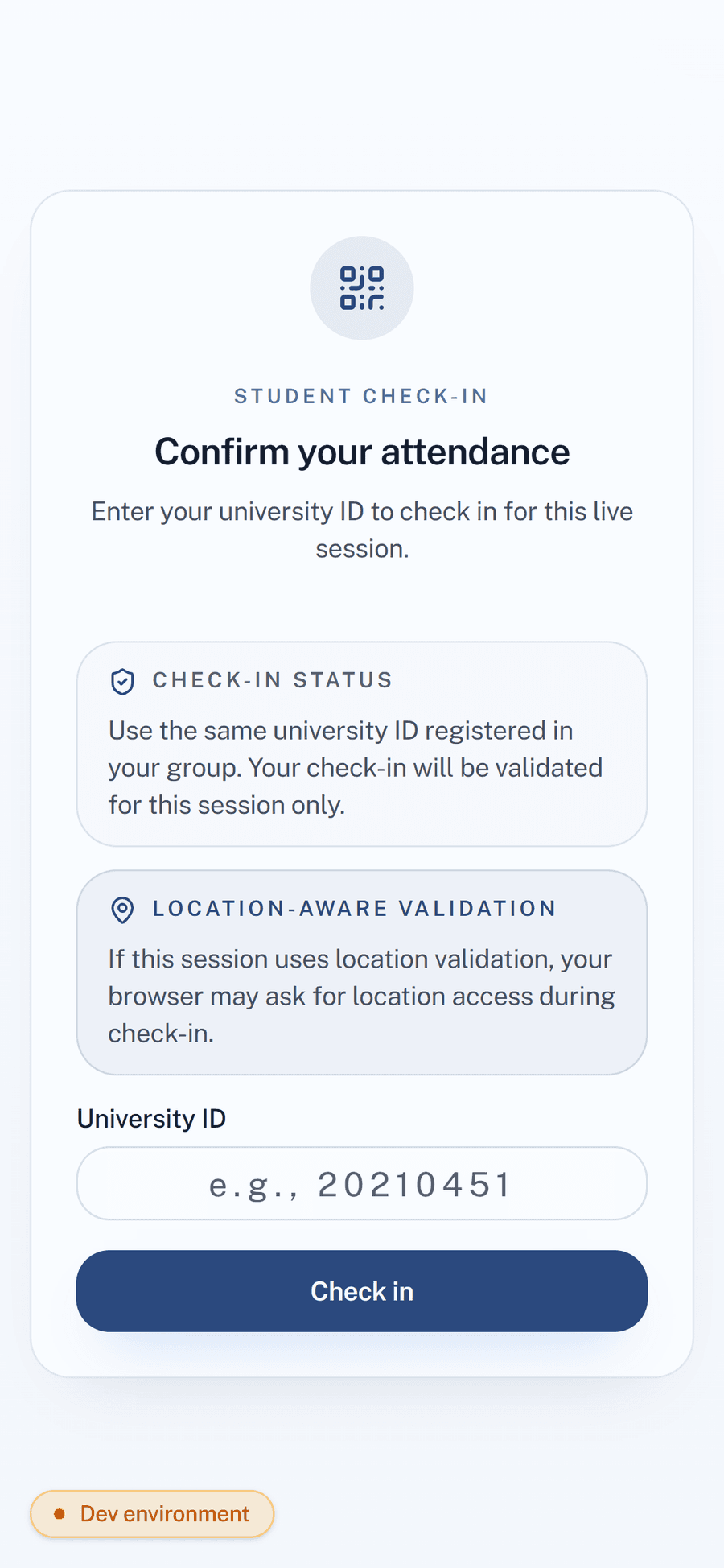 Quorum student check-in on a phone: confirm your attendance by entering a university ID, no login